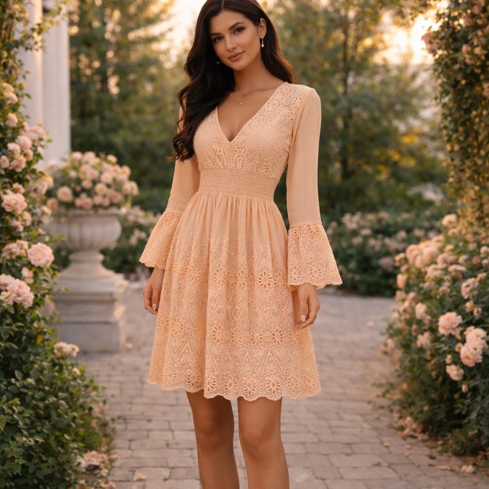VENUS Blush Lace Dress |Romantic Eyelet, Bell Sleeve, Smocked Waist, Above-Knee